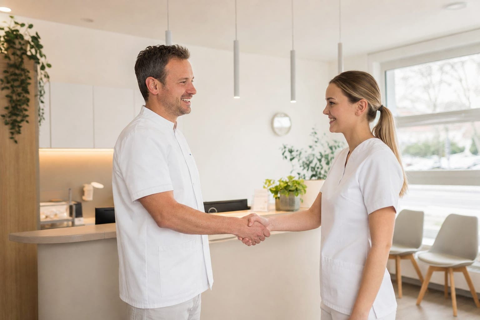 Handschlag zwischen zwei Handwerkern in der Werkstatt